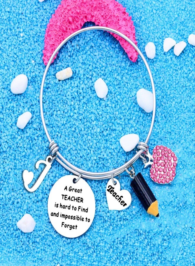 Aeora Thank You Silver A - Z 26 Initial Letter Dangle Bangle Adjustable Jewelry Gift For Women Lady Teacher Birthday Christmas Teacher's Day Thanksgiving Day,Student Back To School End Of Term Graduation Season Gift For Teacher (J) - Image 3